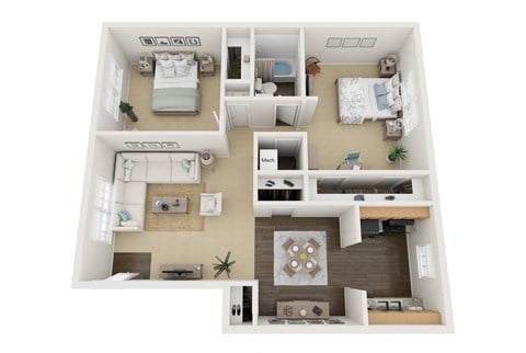 Floor plan for 2 beds, 1 bath, 850 sqft